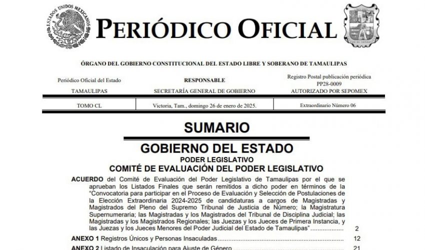 Tamaulipas, primero en publicar listas de las y los candidatos a integrar el Poder Judicial&nbsp;estatal