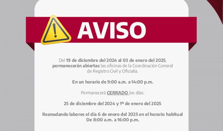 Oficinas de Registro Civil laborarán en horario especial en periodo&nbsp;vacacional